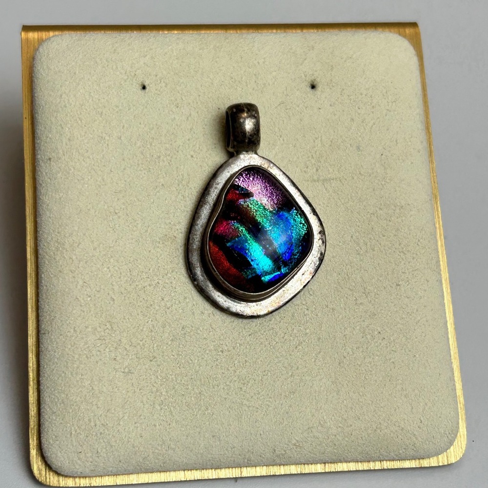 Mexico 925 Sterling Silver Dichroic Glass Iridescent Artisan Pendant 12.9g